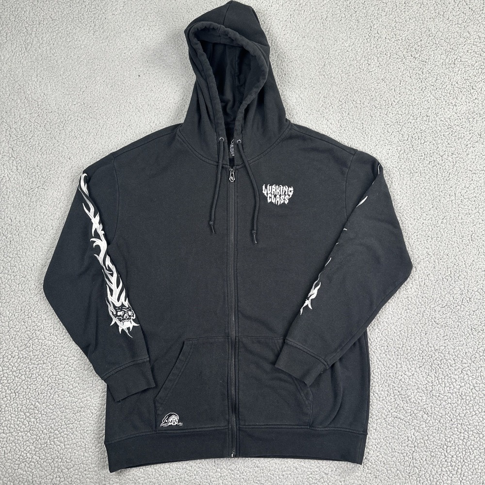 Lurking Class Flaming Skull Full Zip Hoodie Men Large Black Embroidered Sleeve